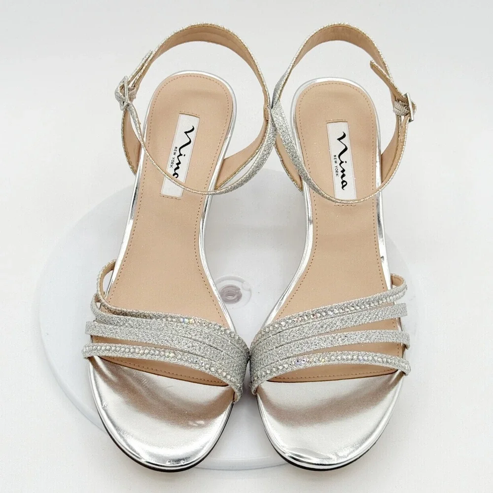 Nina Nelena Silver Glitter Size 9 Womens Strappy Kitten Heel Sandal NEW no box